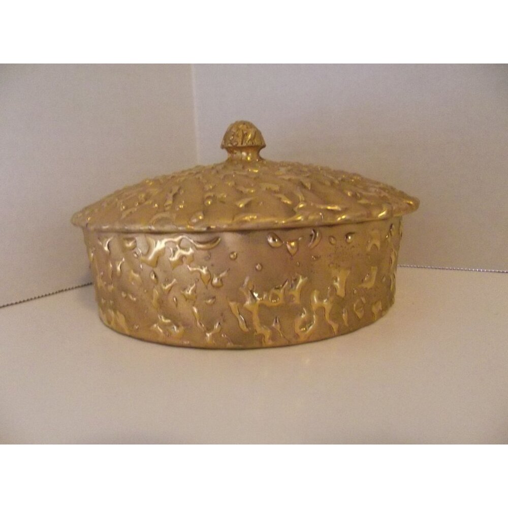 Vtg. Weeping Bright Gold 22K Ceramic Trinket Box or Lidded Candy Dish